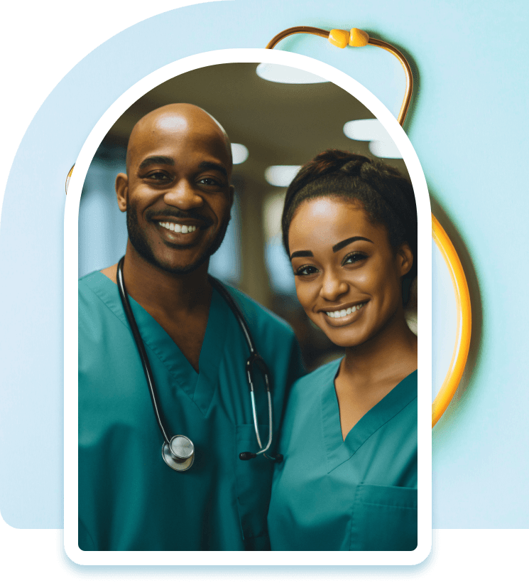 Two smiling healthcare professionals in teal scrubs